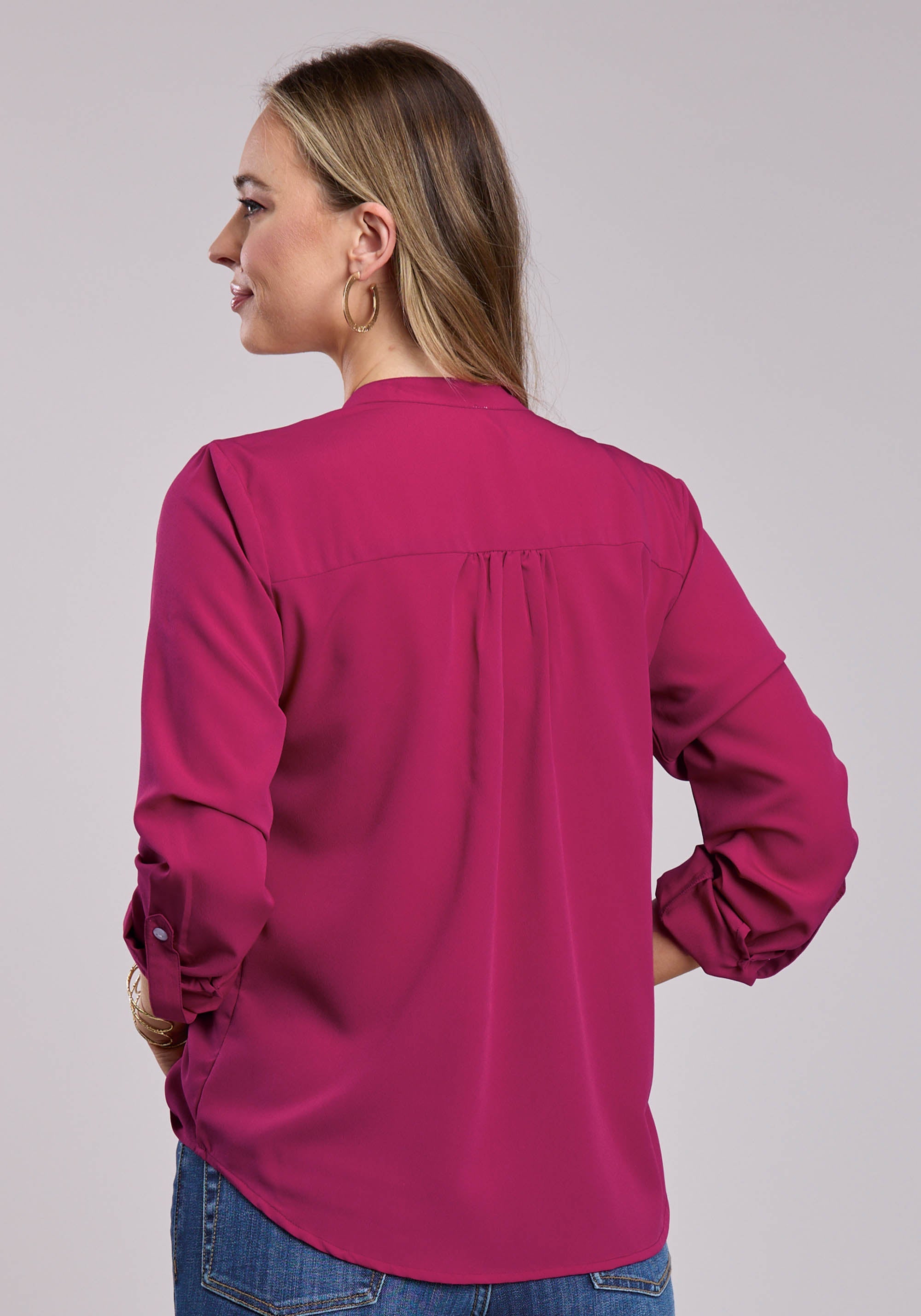 Womens Roper Raspberry Poly Crepe Long Sleeve Button Blouse