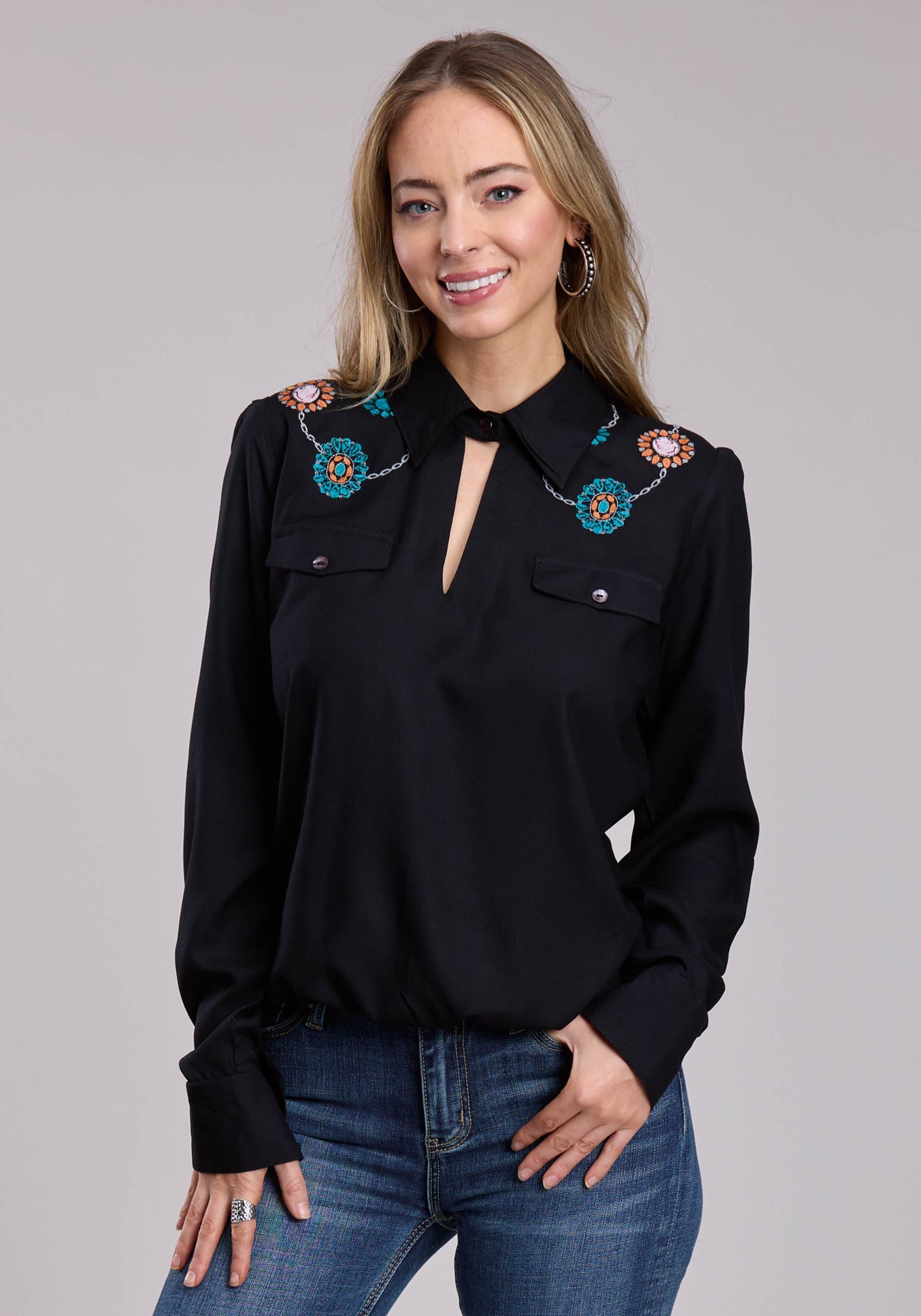 Womens Roper Rayon Challis Faux Wrap Front Long Sleeve Snap Shirt