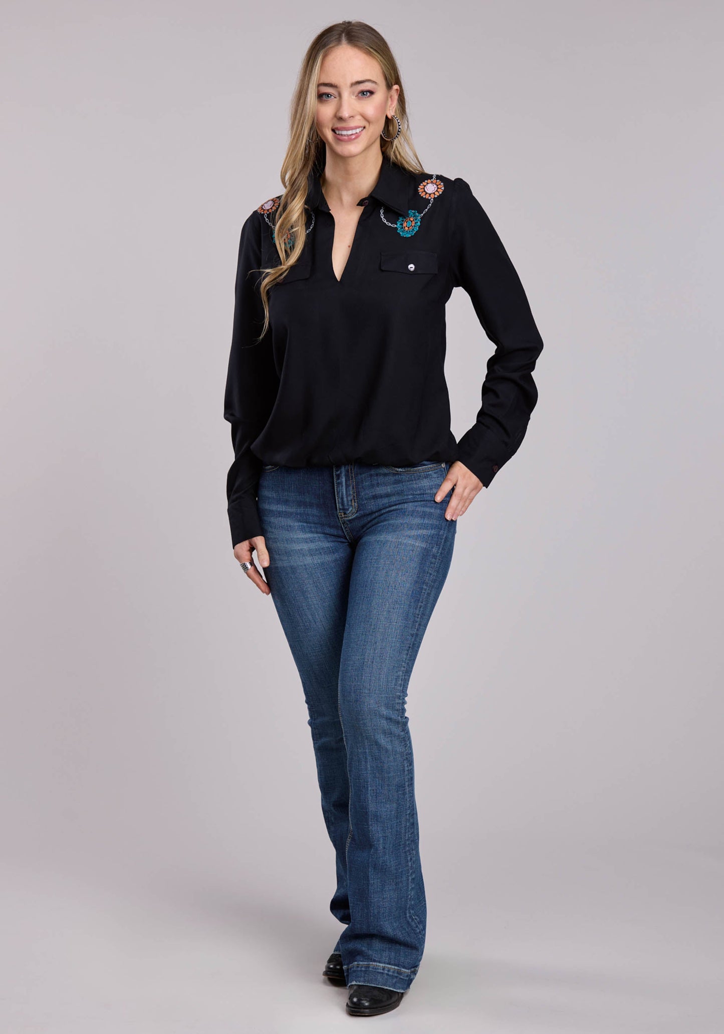 Womens Roper Rayon Challis Faux Wrap Front Long Sleeve Snap Shirt
