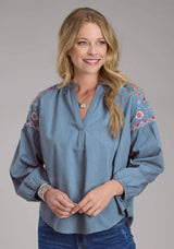 Roper Womens Denim Long Sleeve V-neck Peasant Blouse Long Sleeve Pullover Western - Roper - Flyclothing LLC