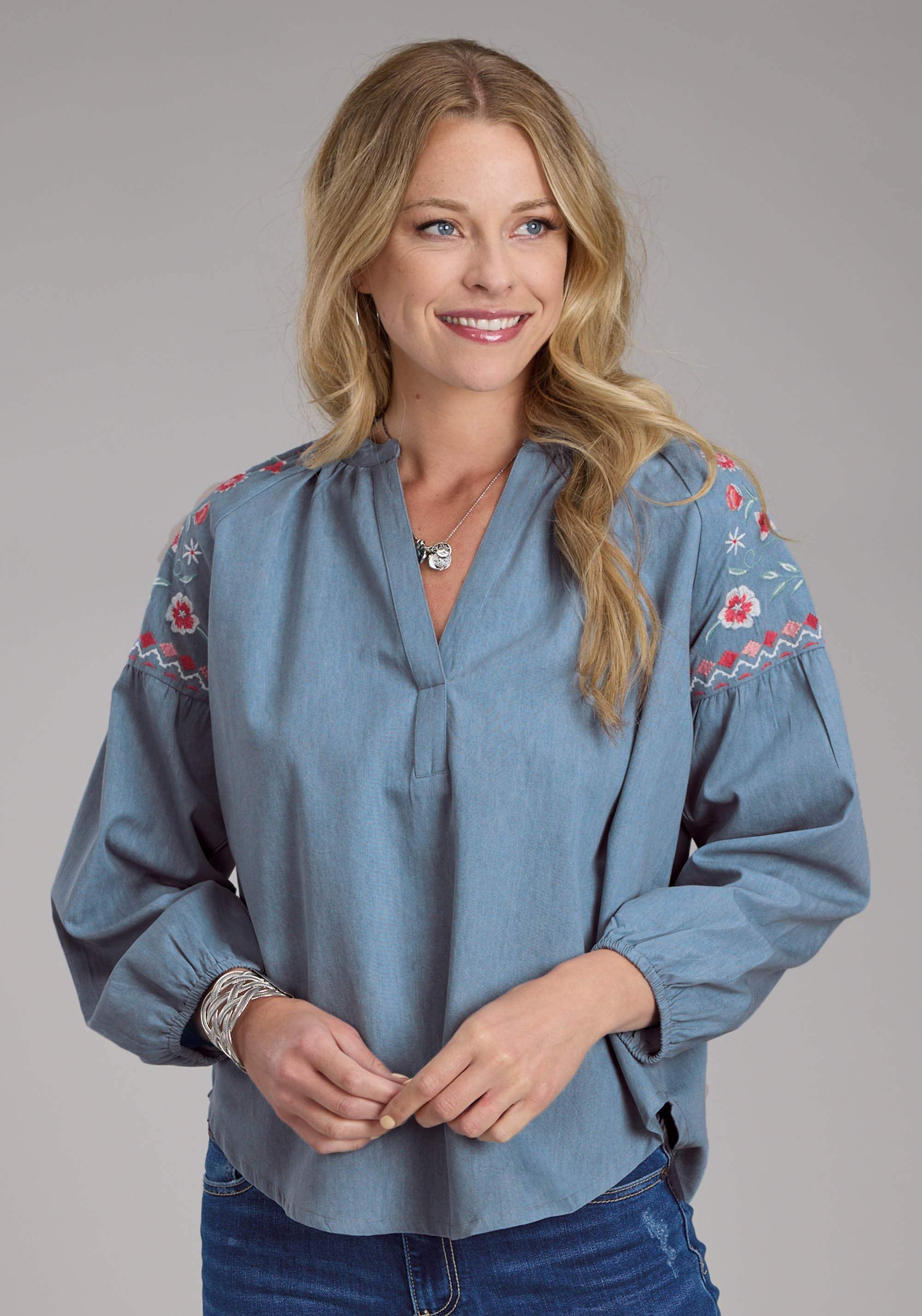 Roper Womens Denim Long Sleeve V-neck Peasant Blouse Long Sleeve Pullover Western - Roper - Flyclothing LLC