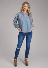Roper Womens Denim Long Sleeve V-neck Peasant Blouse Long Sleeve Pullover Western - Roper - Flyclothing LLC
