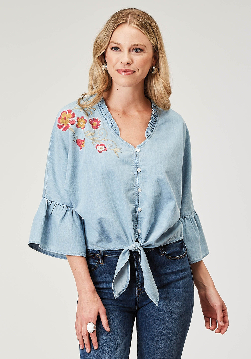 Roper Womens Long Sleeve Button Light Blue Cotton Denim Blousen Western Shirt With V Neck Ruffle Collar Raglan Sleeves Embroidery - Roper
