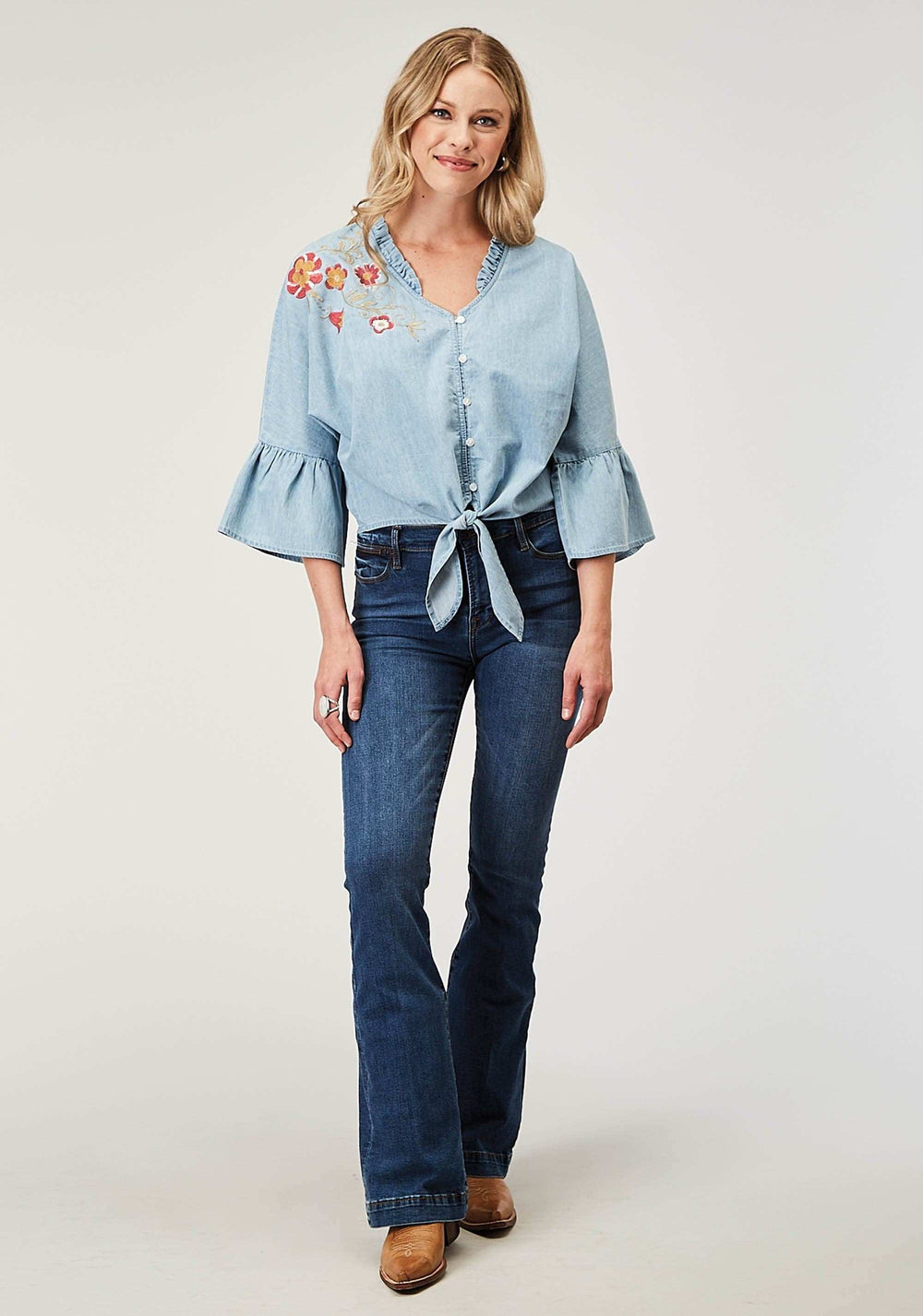 Roper Womens Long Sleeve Button Light Blue Cotton Denim Blousen Western Shirt With V Neck Ruffle Collar Raglan Sleeves Embroidery - Roper - Flyclothing LLC