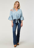Roper Womens Long Sleeve Button Light Blue Cotton Denim Blousen Western Shirt With V Neck Ruffle Collar Raglan Sleeves Embroidery - Roper