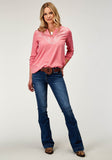 Roper Womens Long Sleeve Pullover Pink Poly Crepe V Neck Western Shirt With Embroidery Bodice And Rollable Ls - Roper