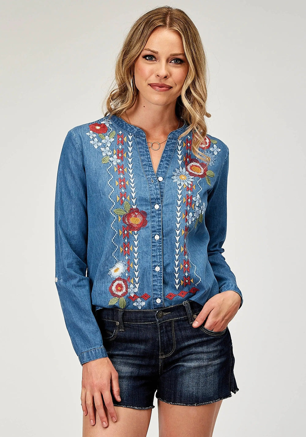 Roper Womens Long Sleeve Button Light Weight Med Blue Denim Blouse Western Shirt With V Neck Tie Front Embroidery Front - Roper