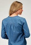 Roper Womens Long Sleeve Button Light Weight Med Blue Denim Blouse Western Shirt With V Neck Tie Front Embroidery Front - Roper