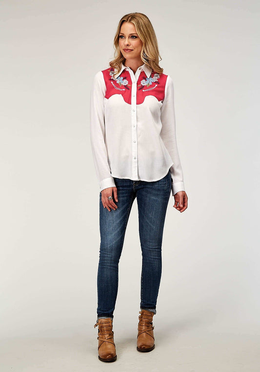 Roper Womens Long Sleeve Snap Rayon Challis Retro Western Shirt With Contrast Yokes Smile Pockets And Embroidery - Roper - Flyclothing LLC