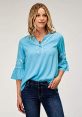 Roper Womens Long Sleeve Pullover Poly Crepe Peasant Western Blouse With Split V Placket Three Quarter Bell Sleeves Embroidery - Roper - Flyclothing LLC