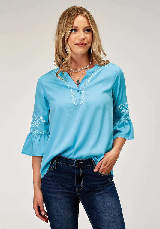Roper Womens Long Sleeve Pullover Poly Crepe Peasant Western Blouse With Split V Placket Three Quarter Bell Sleeves Embroidery - Roper - Flyclothing LLC