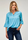 Roper Womens Long Sleeve Pullover Poly Crepe Peasant Western Blouse With Split V Placket Three Quarter Bell Sleeves Embroidery - Roper