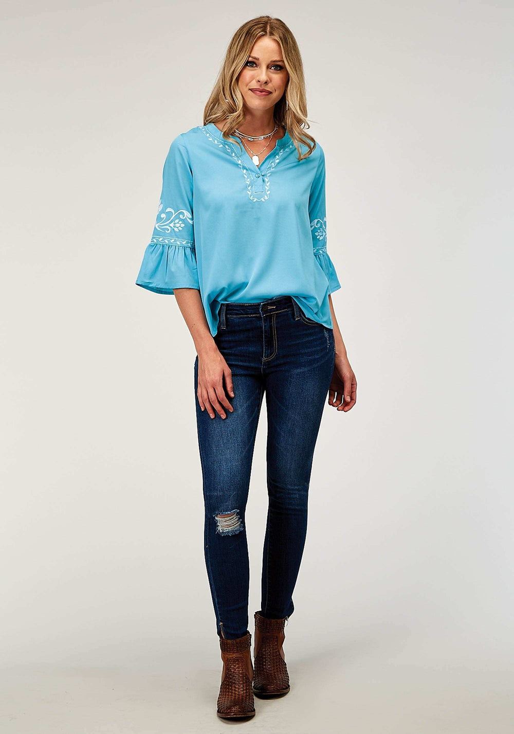Roper Womens Long Sleeve Pullover Poly Crepe Peasant Western Blouse With Split V Placket Three Quarter Bell Sleeves Embroidery - Roper - Flyclothing LLC