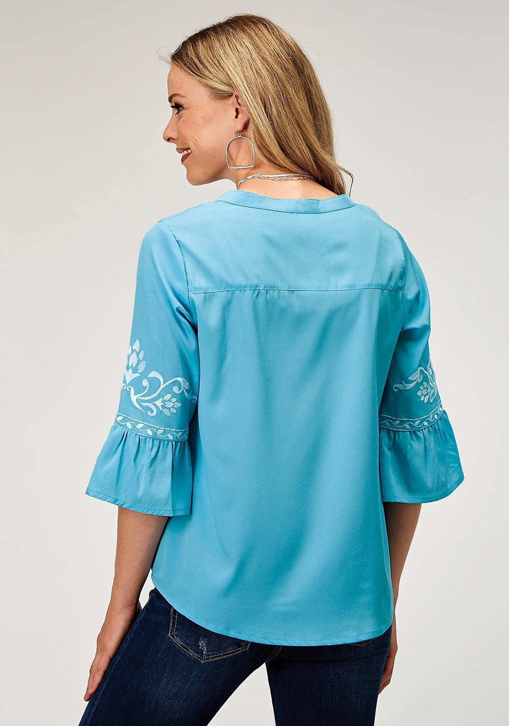Roper Womens Long Sleeve Pullover Poly Crepe Peasant Western Blouse With Split V Placket Three Quarter Bell Sleeves Embroidery - Roper - Flyclothing LLC