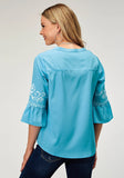 Roper Womens Long Sleeve Pullover Poly Crepe Peasant Western Blouse With Split V Placket Three Quarter Bell Sleeves Embroidery - Roper