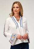 Roper Womens Long Sleeve Pullover Rayon Challis Peasant Western Blouse With V Neck Embroidery - Roper