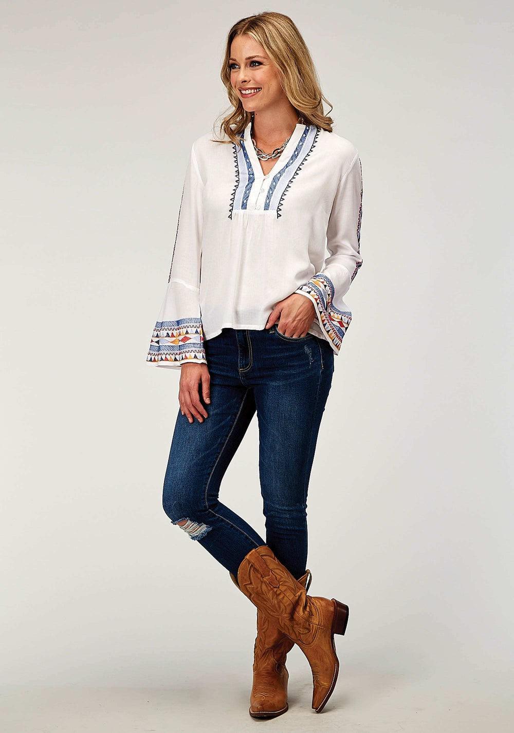 Roper Womens Long Sleeve Pullover Rayon Challis Peasant Western Blouse With V Neck Embroidery - Roper - Flyclothing LLC