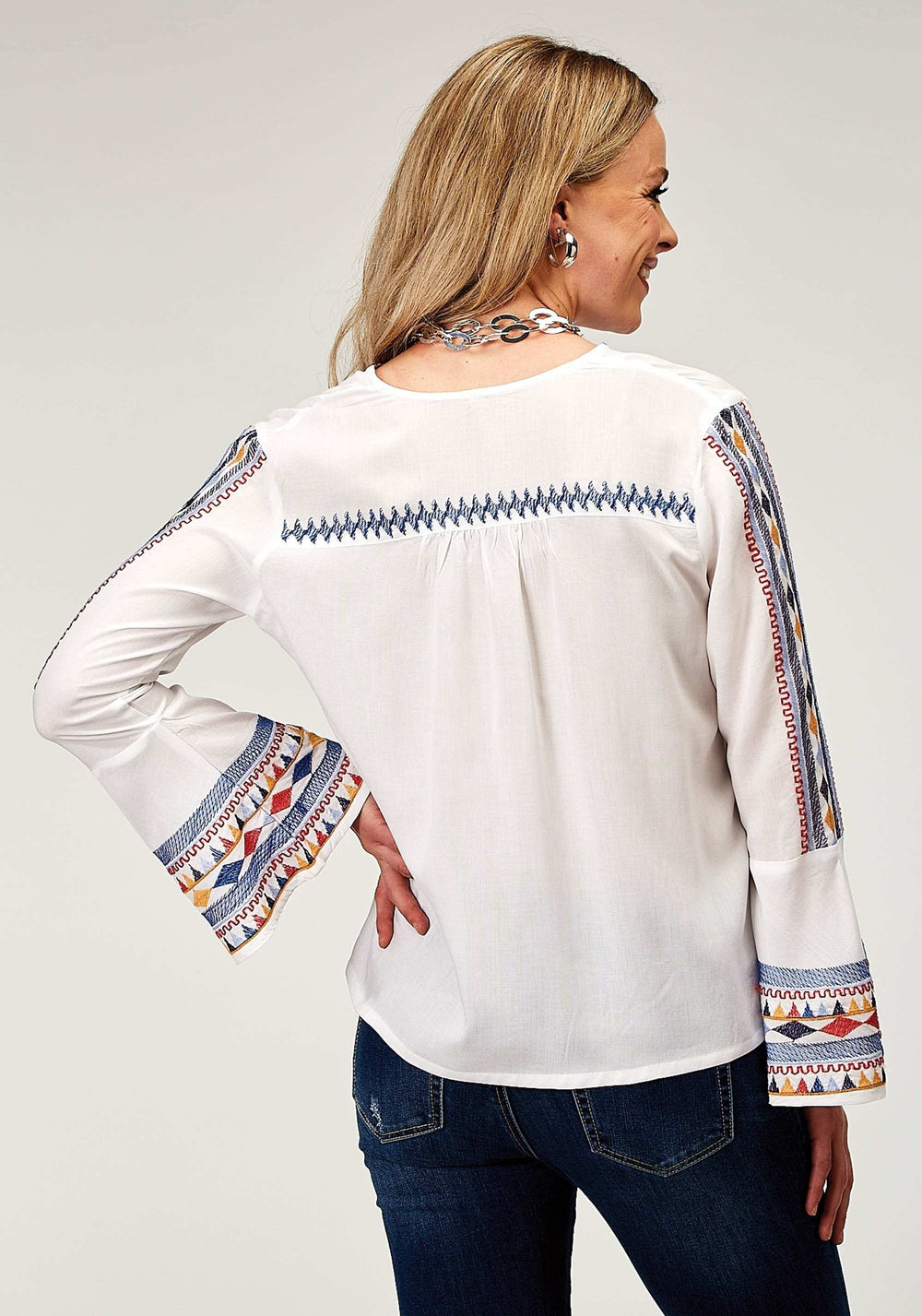 Roper Womens Long Sleeve Pullover Rayon Challis Peasant Western Blouse With V Neck Embroidery - Roper - Flyclothing LLC