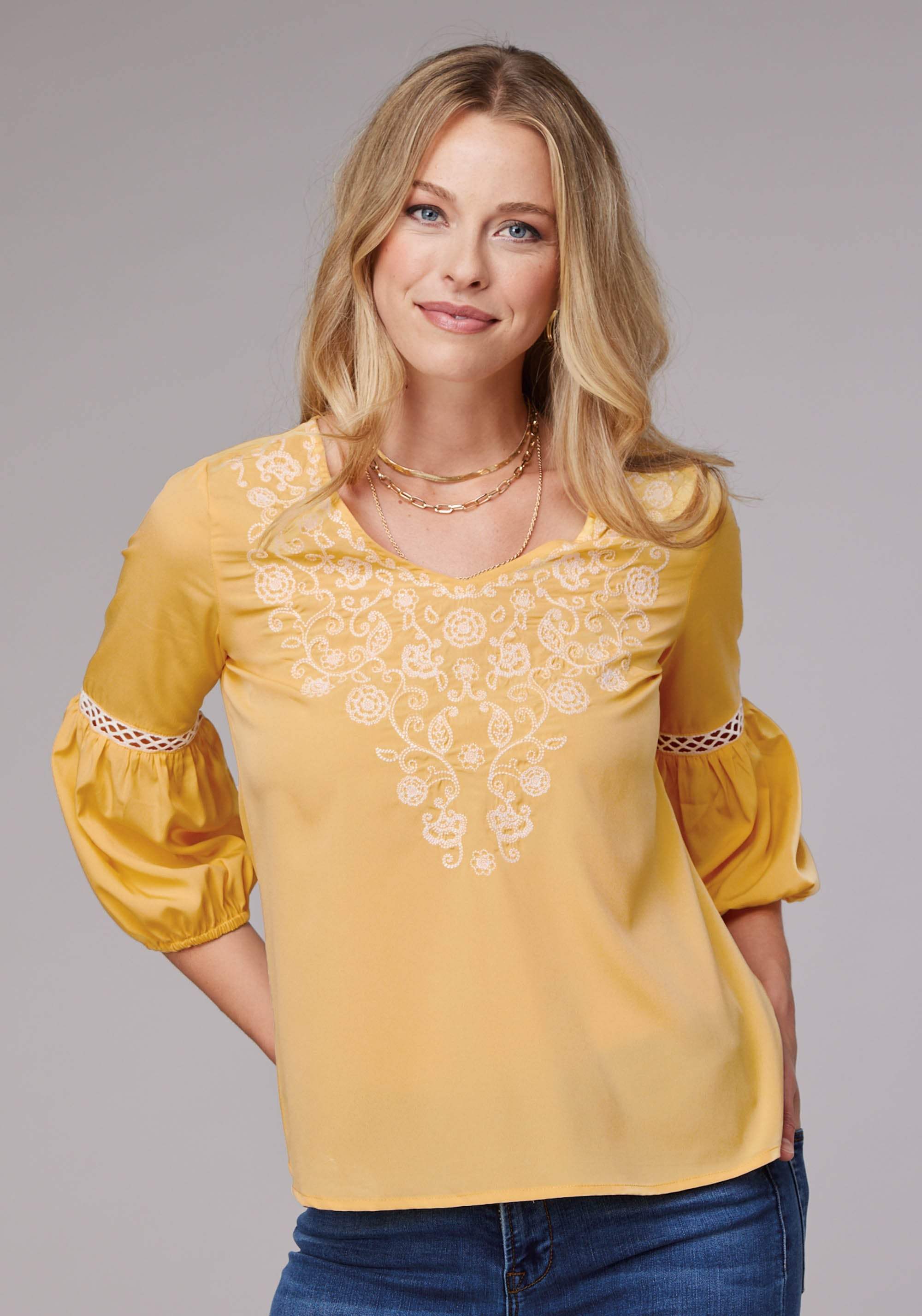 Roper Womens Long Sleeve Pullover Solid Poly Crepe Peasant Western Blouse With Embroidery And Lace Trim Three Quarter Sleeves - Roper - Flyclothing LLC