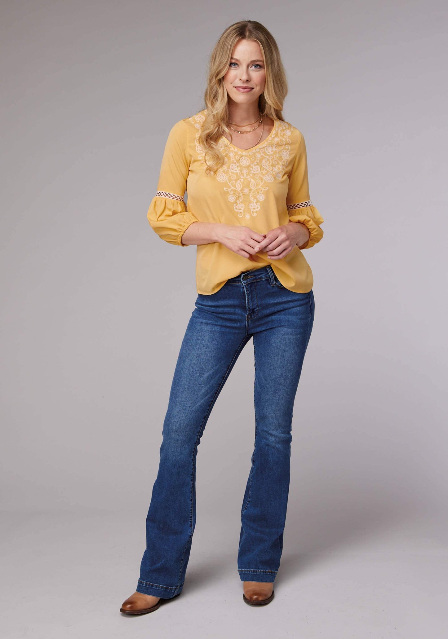 Roper Womens Long Sleeve Pullover Solid Poly Crepe Peasant Western Blouse With Embroidery And Lace Trim Three Quarter Sleeves - Roper - Flyclothing LLC
