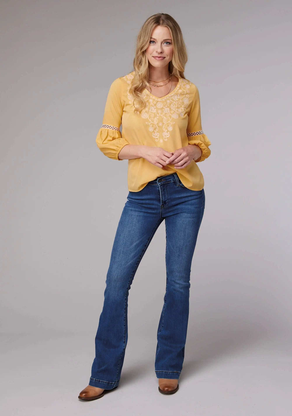 Roper Womens Long Sleeve Pullover Solid Poly Crepe Peasant Western Blouse With Embroidery And Lace Trim Three Quarter Sleeves - Roper - Flyclothing LLC