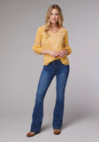 Roper Womens Long Sleeve Pullover Solid Poly Crepe Peasant Western Blouse With Embroidery And Lace Trim Three Quarter Sleeves - Roper