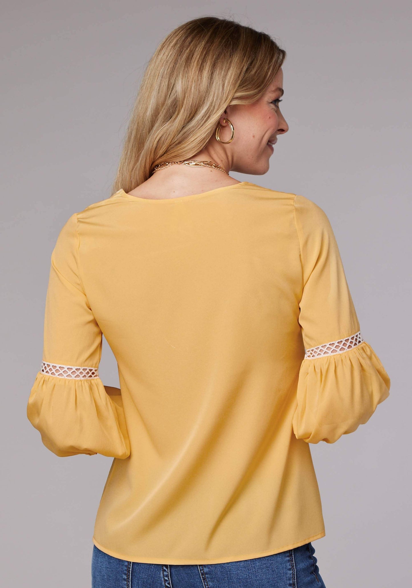 Roper Womens Long Sleeve Pullover Solid Poly Crepe Peasant Western Blouse With Embroidery And Lace Trim Three Quarter Sleeves - Roper - Flyclothing LLC