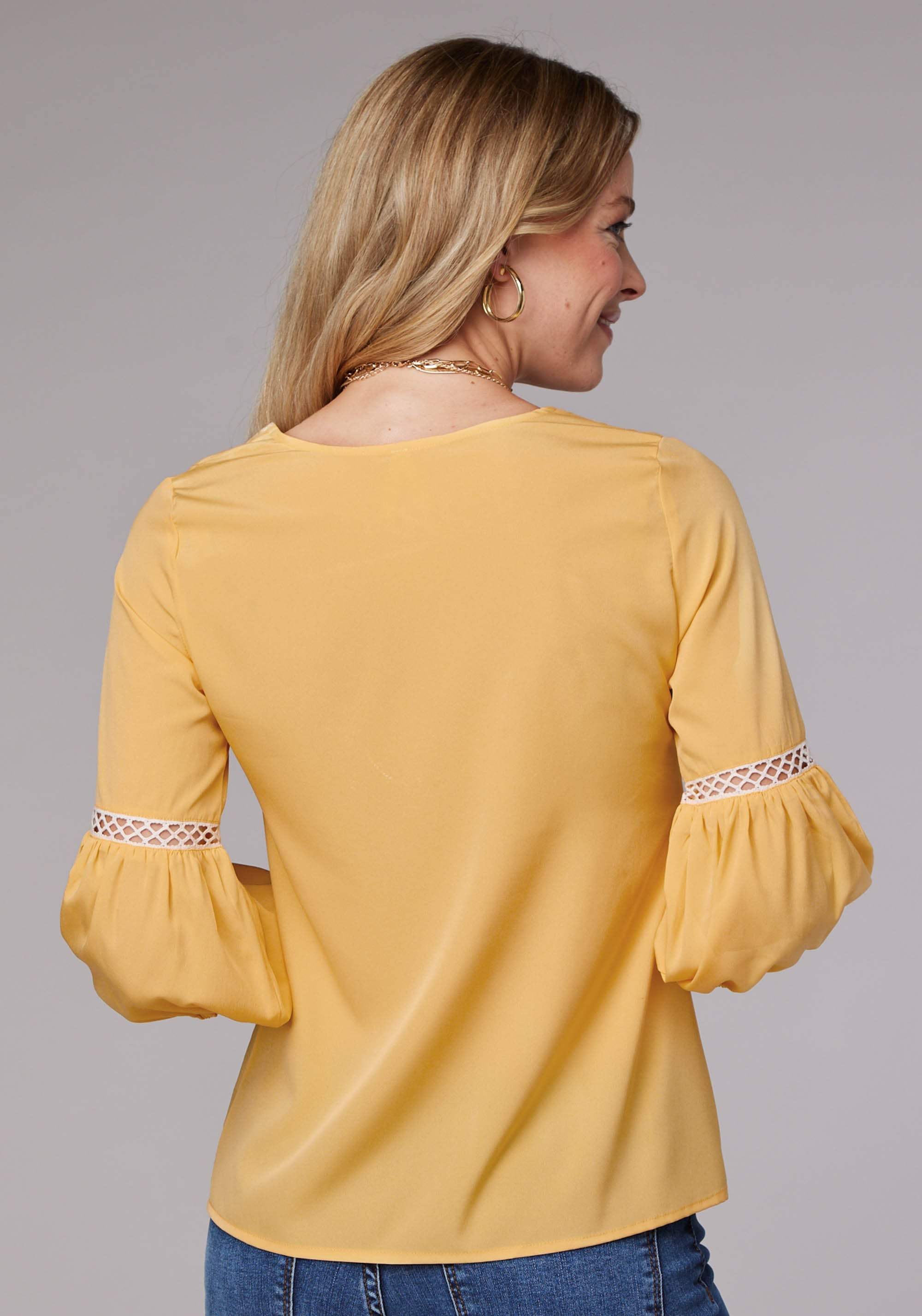 Roper Womens Long Sleeve Pullover Solid Poly Crepe Peasant Western Blouse With Embroidery And Lace Trim Three Quarter Sleeves - Roper - Flyclothing LLC