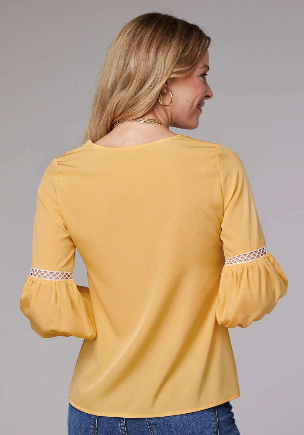 Roper Womens Long Sleeve Pullover Solid Poly Crepe Peasant Western Blouse With Embroidery And Lace Trim Three Quarter Sleeves - Roper - Flyclothing LLC