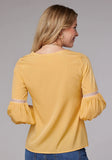 Roper Womens Long Sleeve Pullover Solid Poly Crepe Peasant Western Blouse With Embroidery And Lace Trim Three Quarter Sleeves - Roper