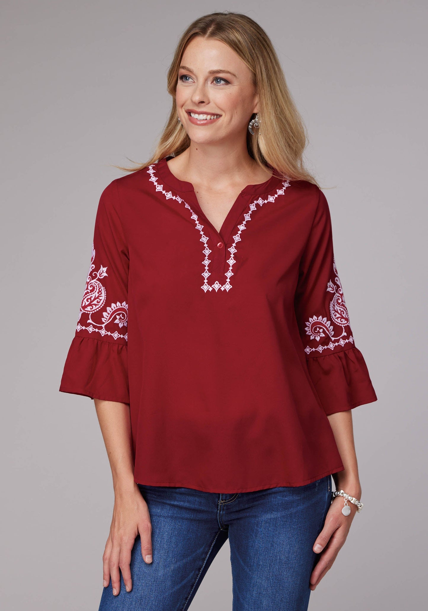 Roper Womens Dark Red Poly Crepe Peasant Blouse Long Sleeve Pullover W
