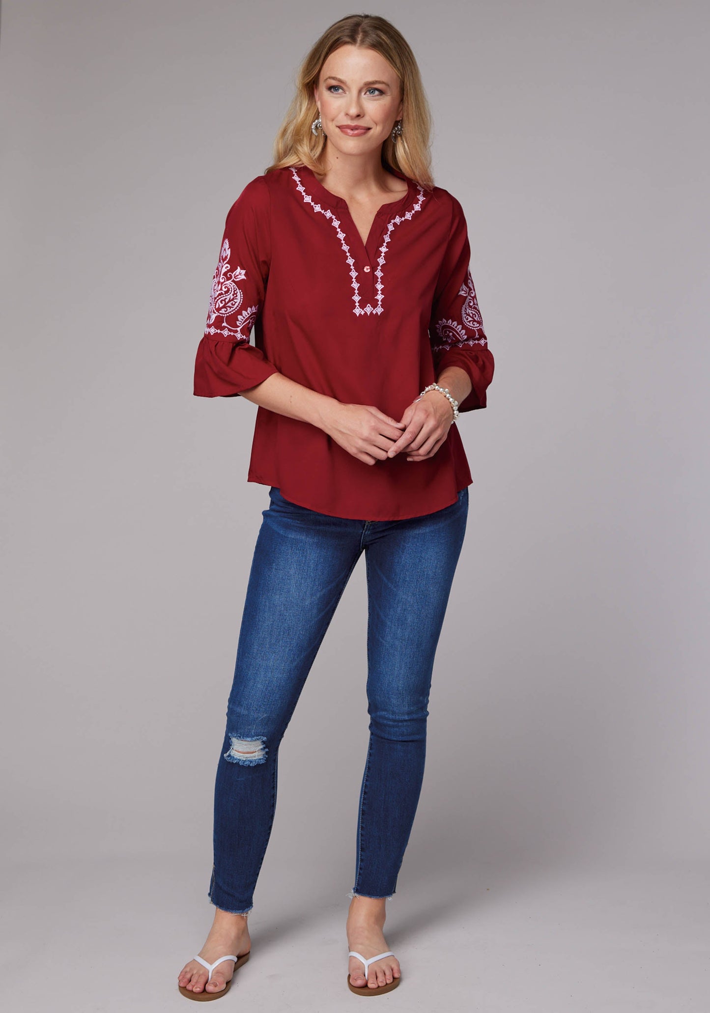 Roper Womens Dark Red Poly Crepe Peasant Blouse Long Sleeve Pullover Western Shir