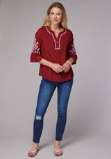 Roper Womens Dark Red Poly Crepe Peasant Blouse Long Sleeve Pullover Western Shir