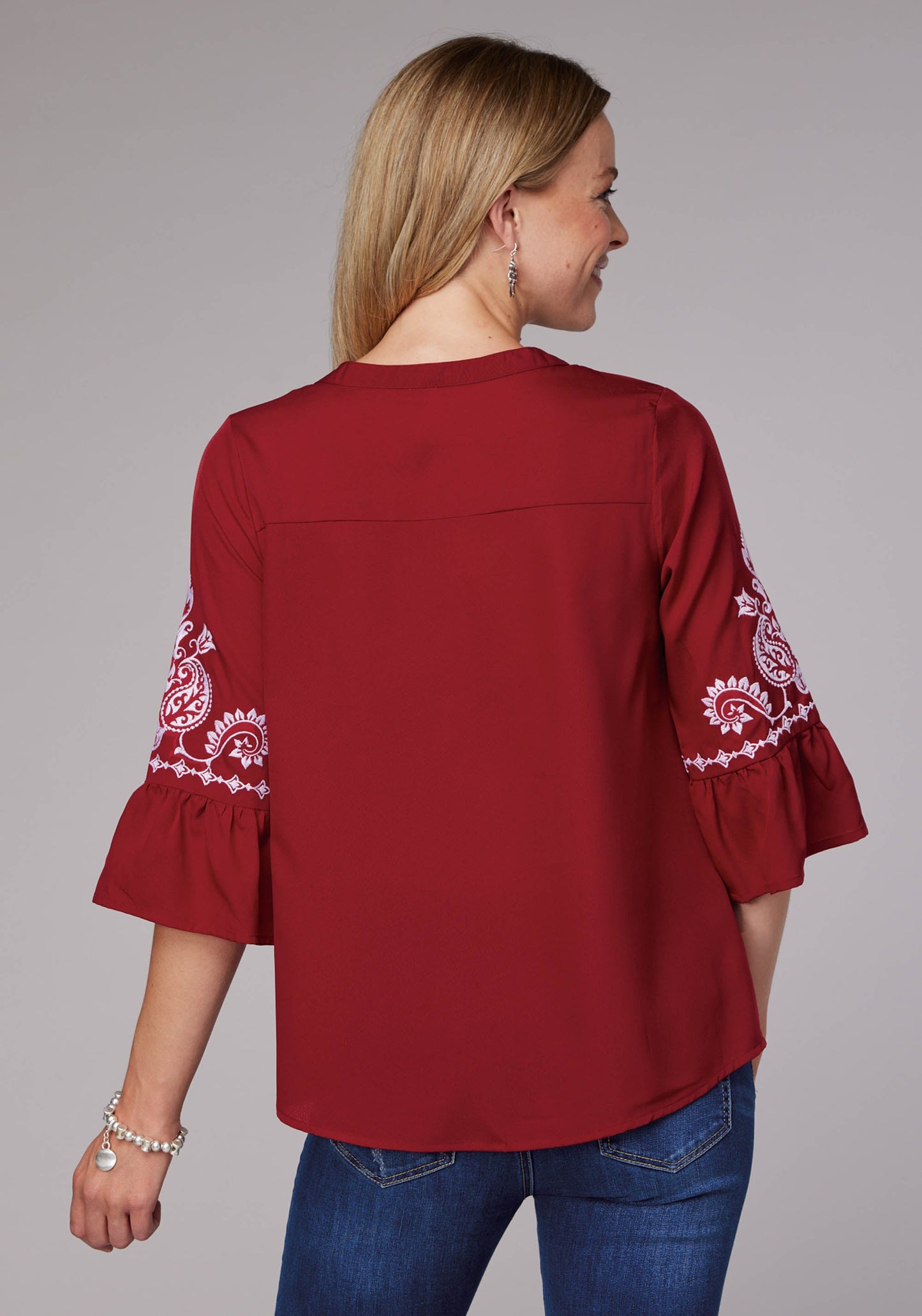 Roper Womens Dark Red Poly Crepe Peasant Blouse Long Sleeve Pullover Western Shir