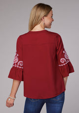Roper Womens Dark Red Poly Crepe Peasant Blouse Long Sleeve Pullover Western Shir