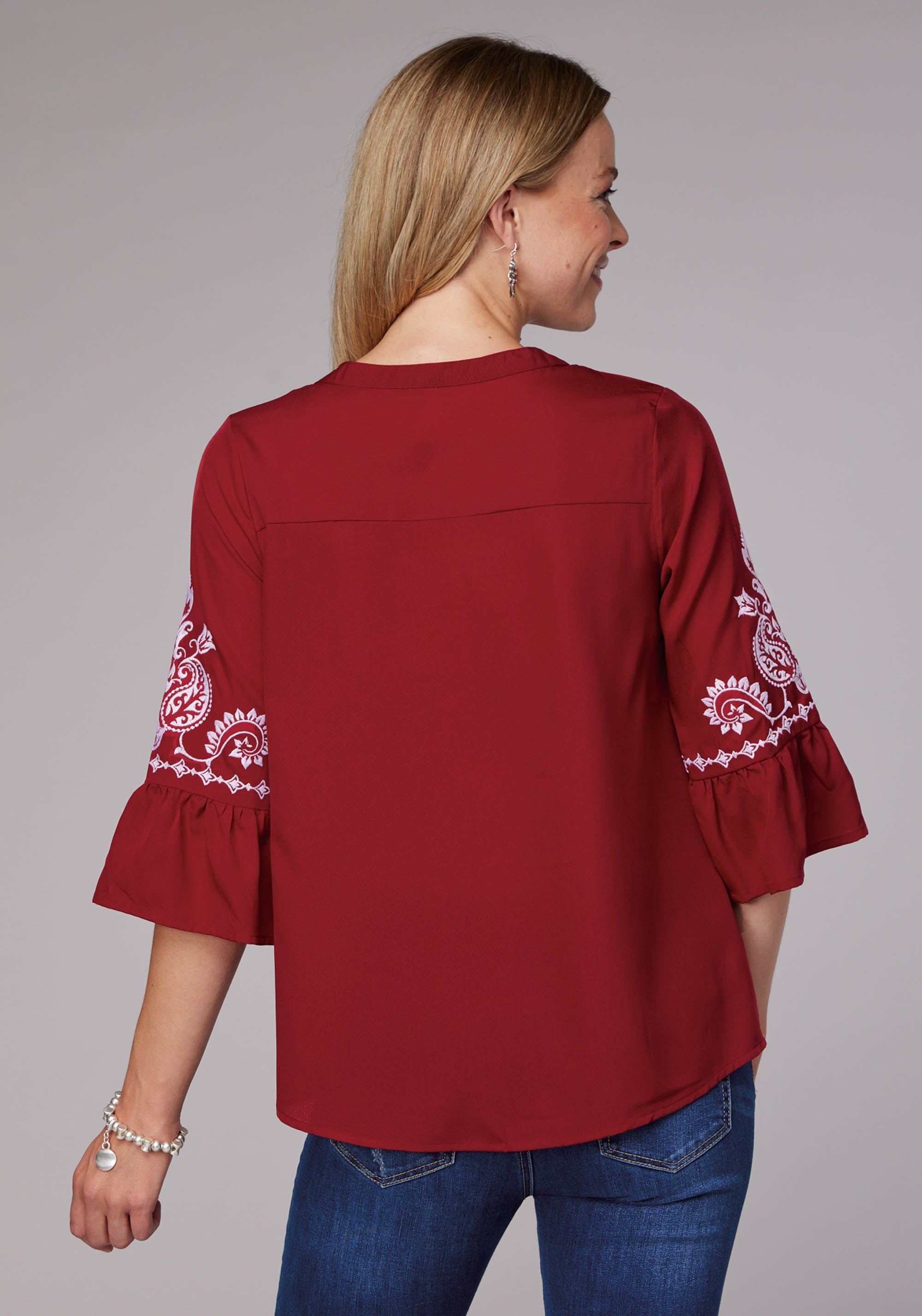 Roper Womens Dark Red Poly Crepe Peasant Blouse Long Sleeve Pullover Western Shir