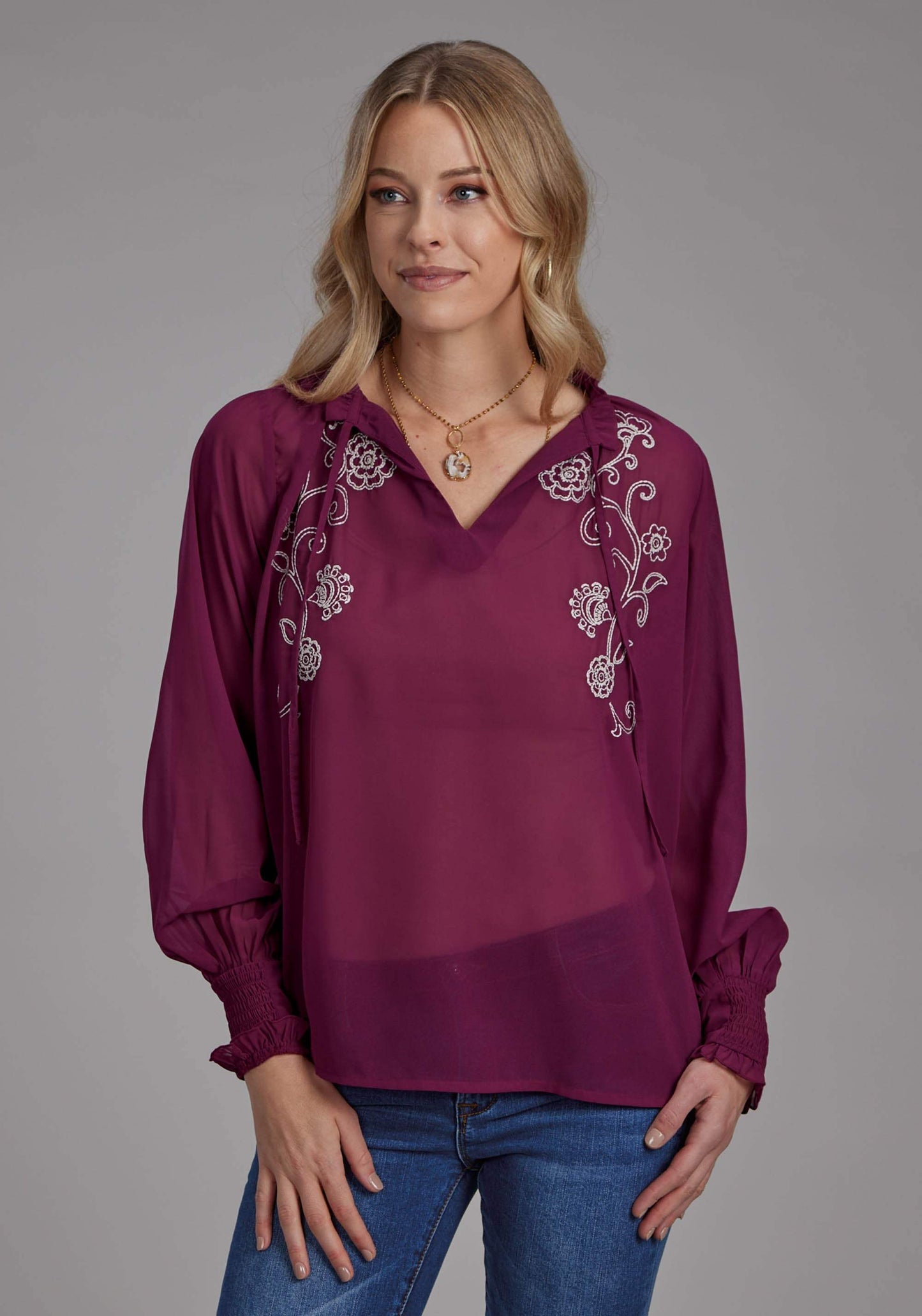 Roper Womens Poly Georgette V Neck Blouse Long Sleeve Pullover Western Shirt - Roper - Flyclothing LLC