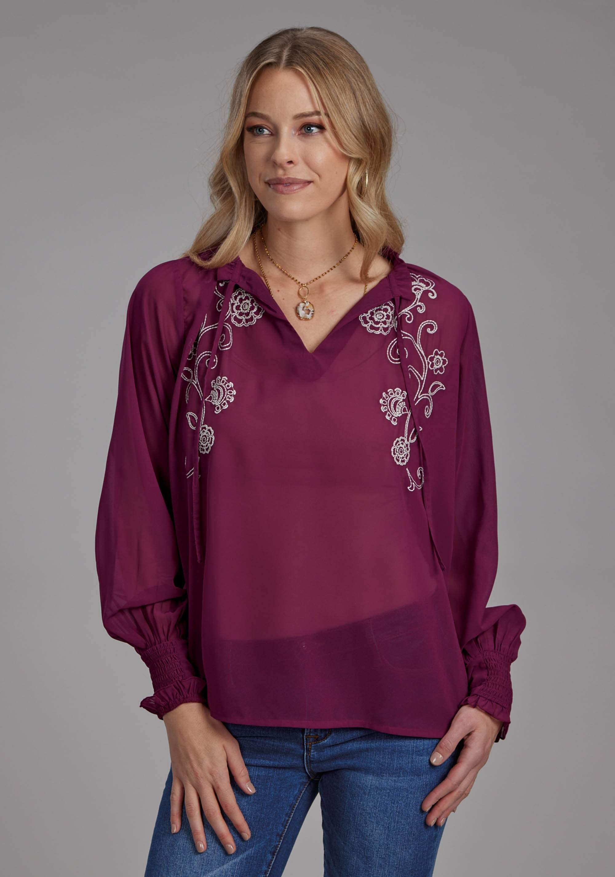 Roper Womens Poly Georgette V Neck Blouse Long Sleeve Pullover Western Shirt - Roper - Flyclothing LLC