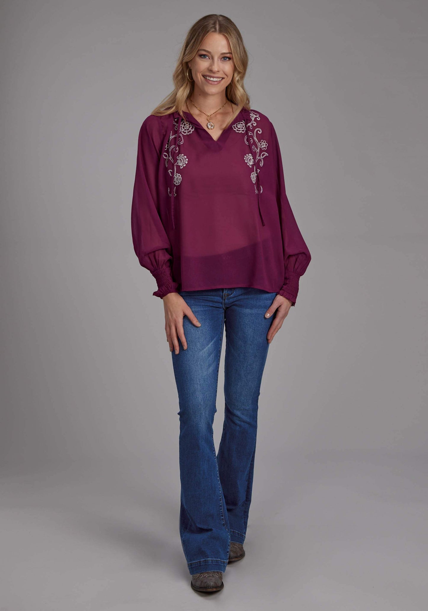 Roper Womens Poly Georgette V Neck Blouse Long Sleeve Pullover Western Shirt - Roper - Flyclothing LLC