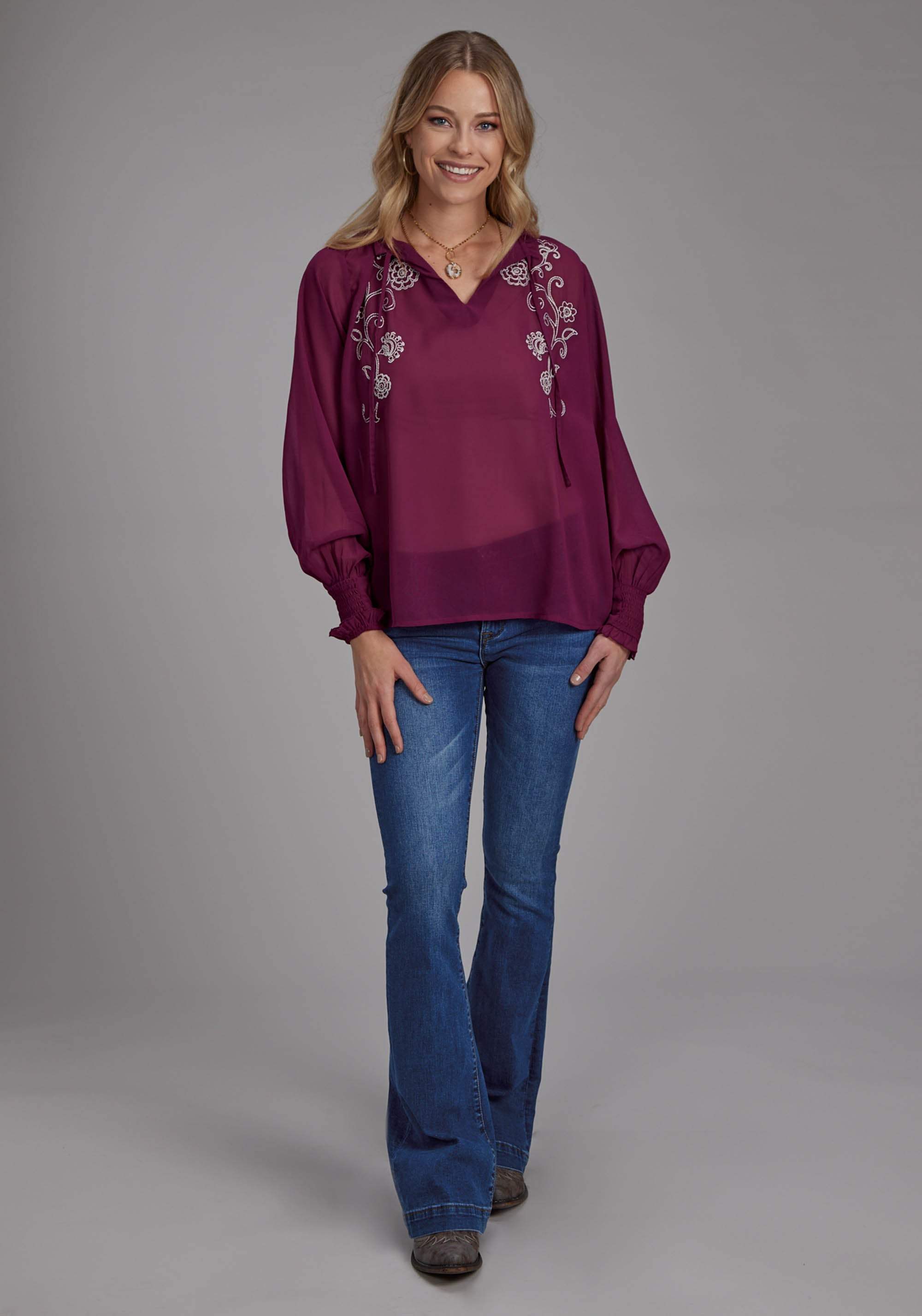 Roper Womens Poly Georgette V Neck Blouse Long Sleeve Pullover Western Shirt - Roper - Flyclothing LLC