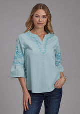 Roper Womens Light Blue Denim Peasant Blouse Long Sleeve Pullover West