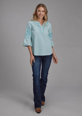 Roper Womens Light Blue Denim Peasant Blouse Long Sleeve Pullover Western Shirt