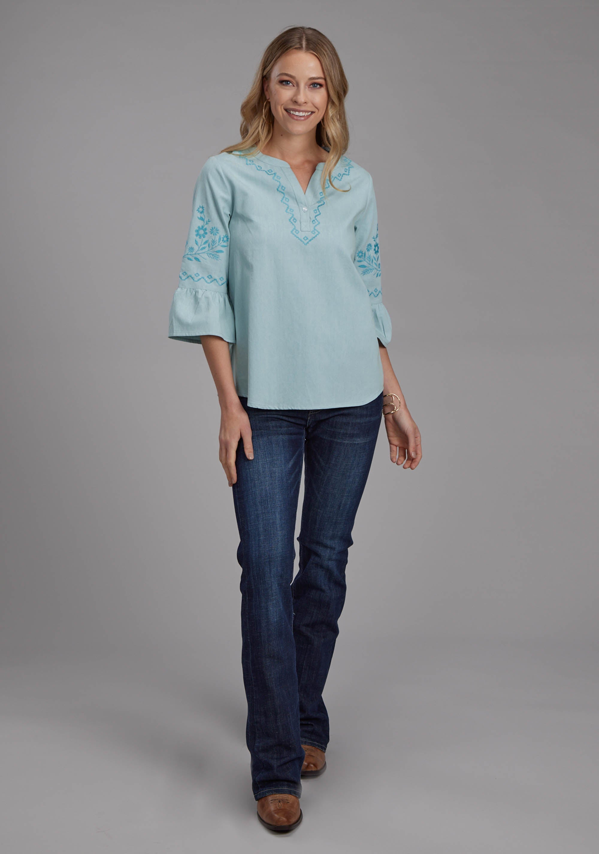 Roper Womens Light Blue Denim Peasant Blouse Long Sleeve Pullover Western Shirt
