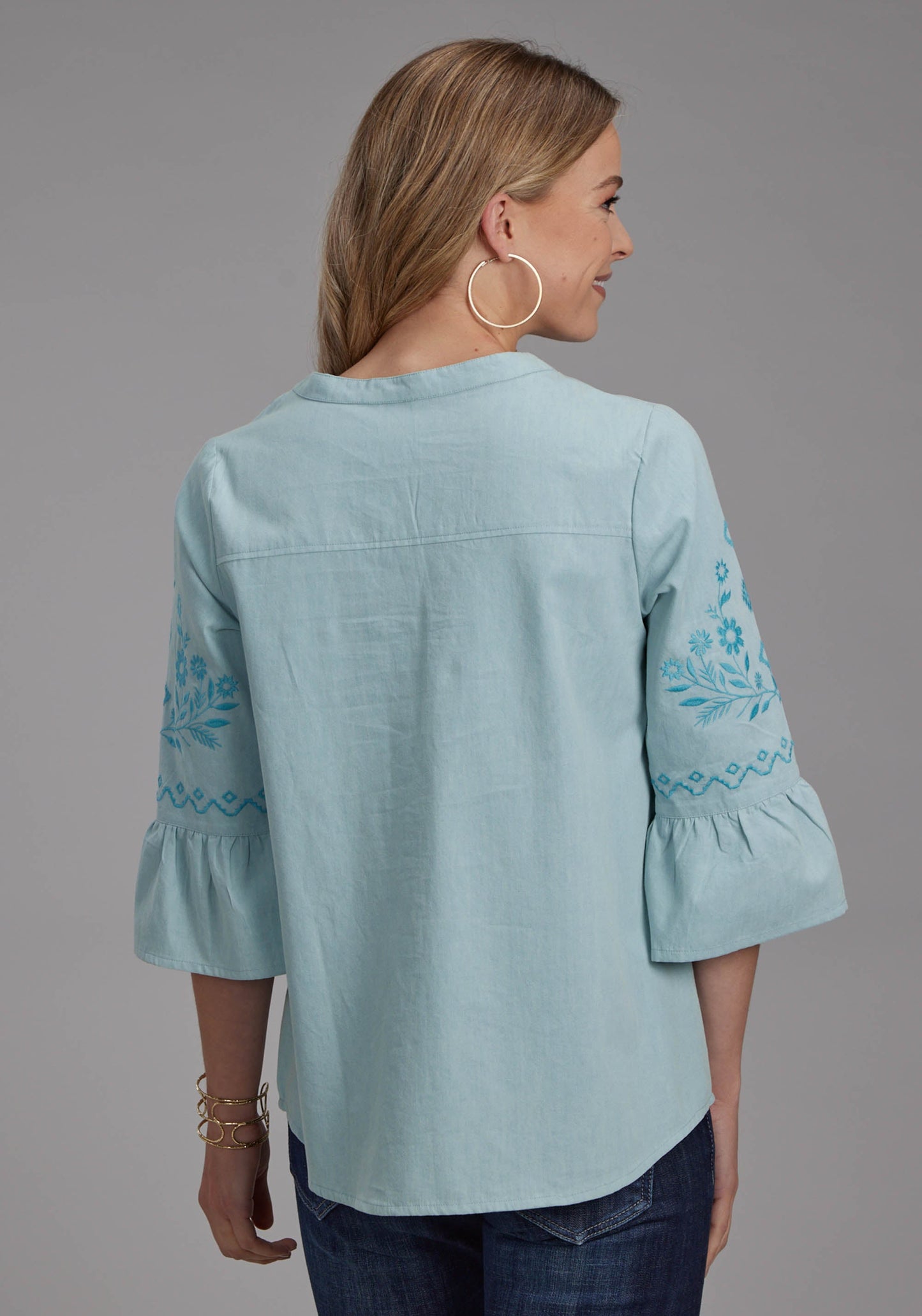 Roper Womens Light Blue Denim Peasant Blouse Long Sleeve Pullover Western Shirt