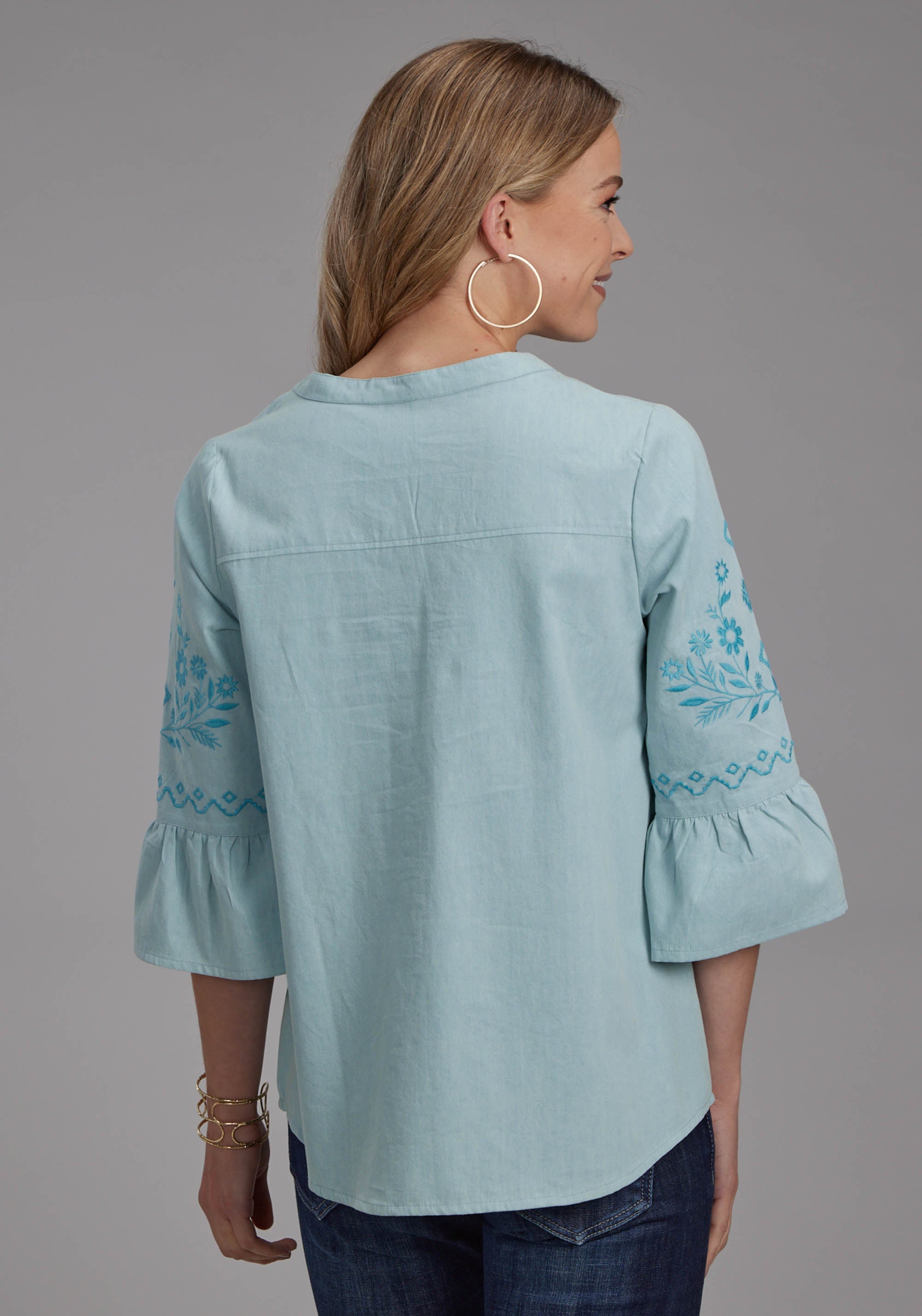 Roper Womens Light Blue Denim Peasant Blouse Long Sleeve Pullover Western Shirt