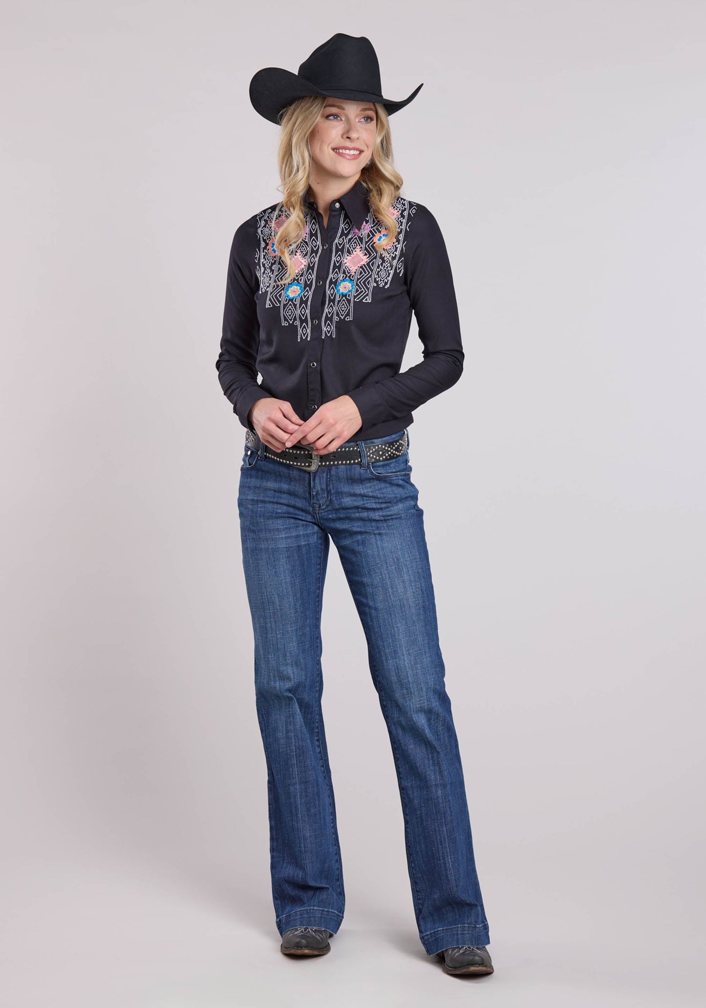 Roper Womens Long Sleeve Snap Black Rayon Western Shirt