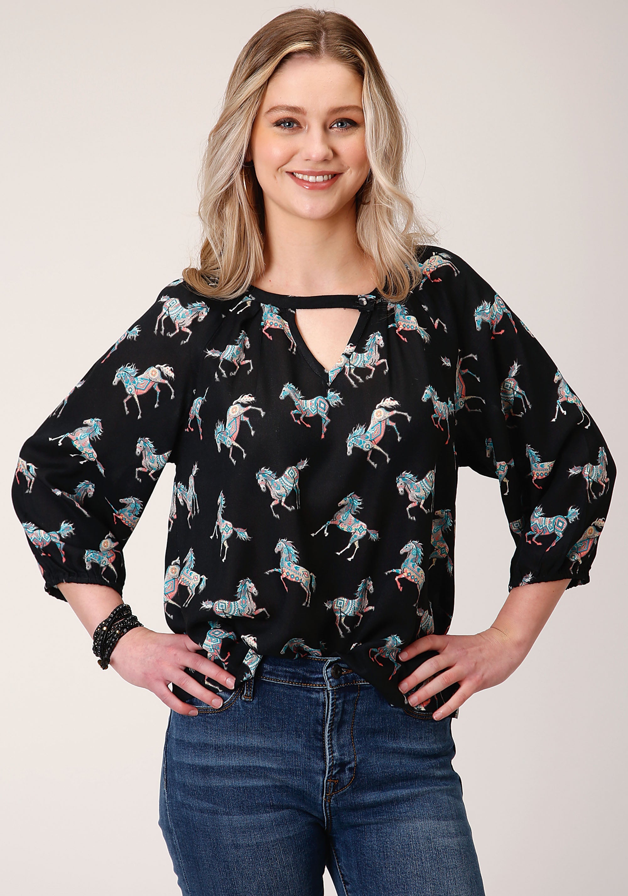 Roper Womens Long Sleeve Wild Horse Print Rayon Long Sleeve  Blouse