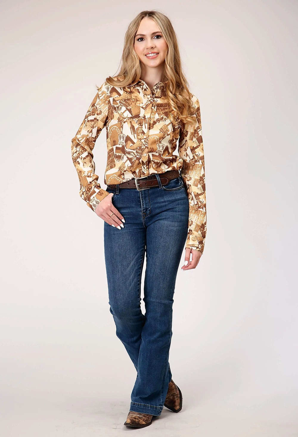 Roper Womens Long Sleeve Snap Collage Print Western Blouse With Curved Front And Back Yokes - Roper - Flyclothing LLC