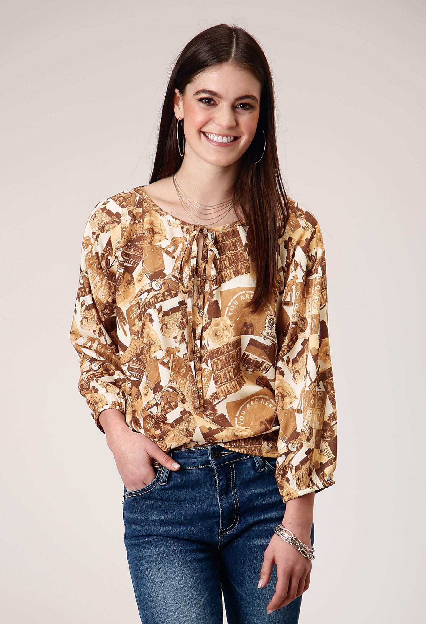 Roper Womens Three Quarter Raglan Sleeve Pullover Collage Print Western Shirt With Elastic Cuffs Notched Sccop Neck - Roper - Flyclothing LLC