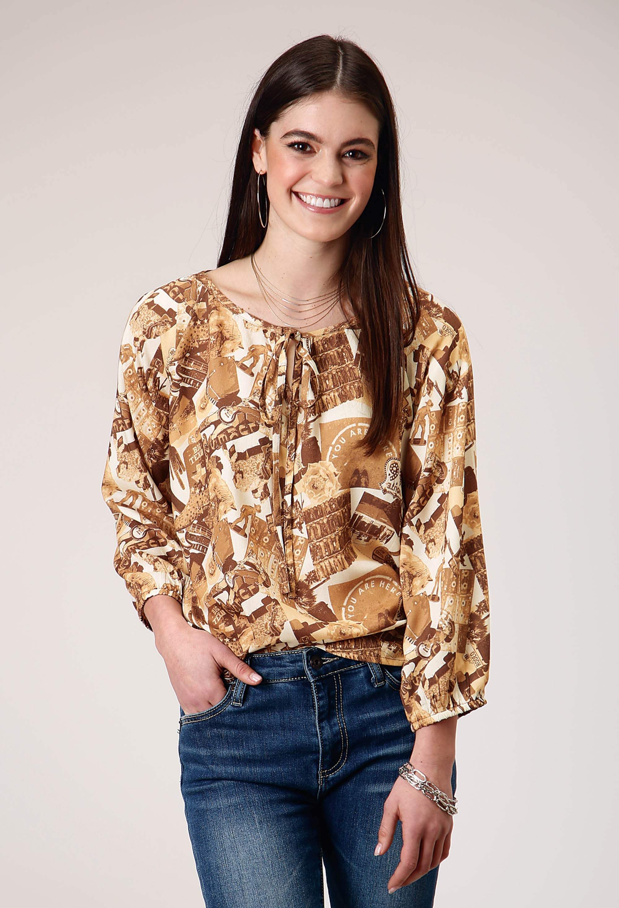 Roper Womens Three Quarter Raglan Sleeve Pullover Collage Print Western Shirt With Elastic Cuffs Notched Sccop Neck - Roper - Flyclothing LLC